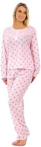 i-Smalls Ladies Long Sleeve Button Down Cotton Rich Floral Printed S - 6XL Women Nightwear Soft Pyjama Set (XL) Pink