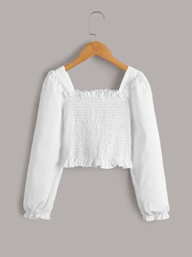 Milumia Girl's Casual Square Neck Blouse Long Sleeve Shirred Ruffle Trim Crop Top White 8 Years #TOP1
