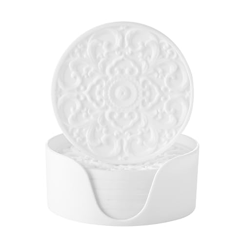 Colinda Silicone Coasters - Set of 6 with Holder, Non-Slip Cup Mats for Hot and Cold Drinks, Decorative Designs, Gift Ready Packaging, White