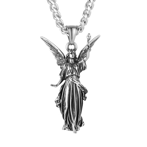 HZMAN Angel Necklace for Men Women Retro Stainless Steel Guardian Angel Pendant Necklace Amulet Jewelry Gift