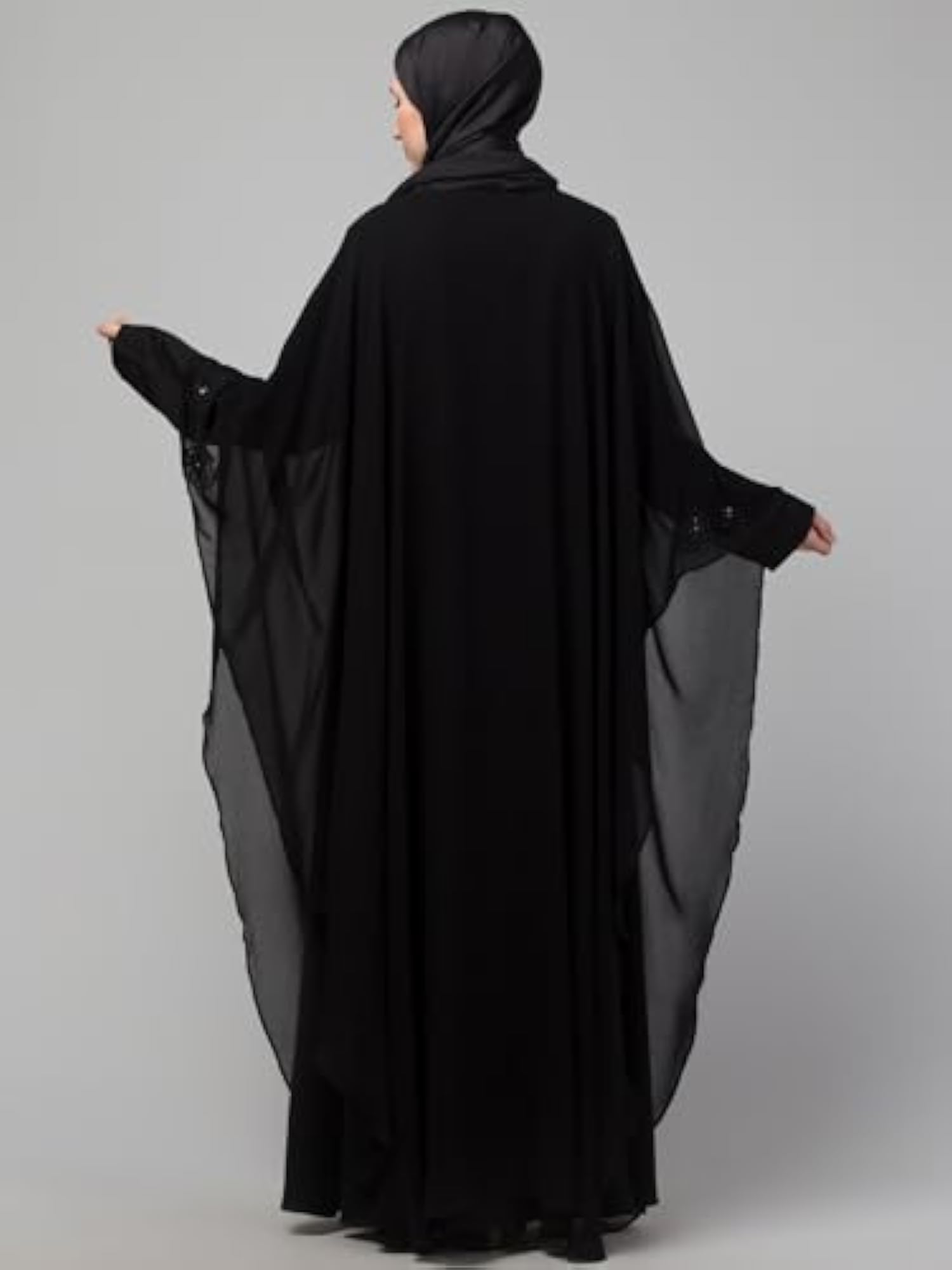 Double Layer Hand Black Embroidery Butterfly Abaya