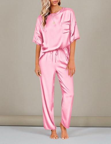 Image of Ekouaer Womens Satin Silky Pajama Set Short Sleeve Shirt with Long Pajama Pant Set Soft PJ Loungewear