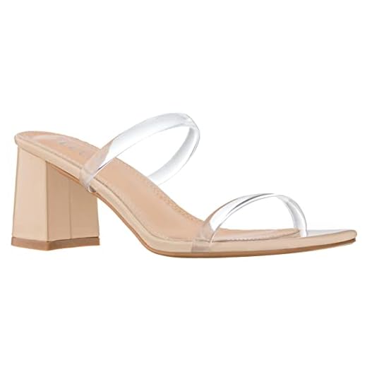ILLUDE Women’s Block Heel Double Band Square Toe Heeled Sandal Slip On Shoes (7, Clear Nude)
