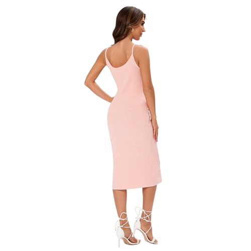 Image of Women's Striped Ribbed Knit Midi Dress, Sleeveless Bodycon Summer Dress, Casual Tank Dress Knee Length