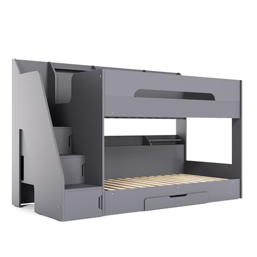 Flair Furnishings - Double Bunk Beds for Kids, Staircase Bunk Bed with Storage, Heavy Duty and Sturdy, Cosy, Stylish, Space Saving Design (Grey)