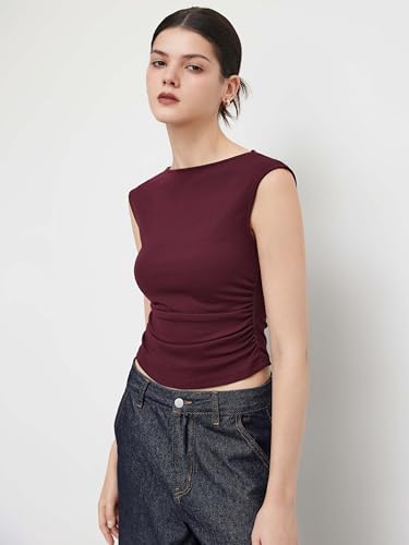 Image of CIDER Boat Neck Tops for Women Sleeveless Ruched Crop Tank Tops | Slim Fit, Trendy Summer Outfits, Casual Tee Shirt