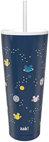 Zak Designs Disney Mickey Mouse Vacuum Insulated Stainless Steel Travel Tumbler with Splash-Proof Lid, Includes Reusable Plastic Straw and Fits in Car Cup Holders (18/8 SS, 25 oz, Space)