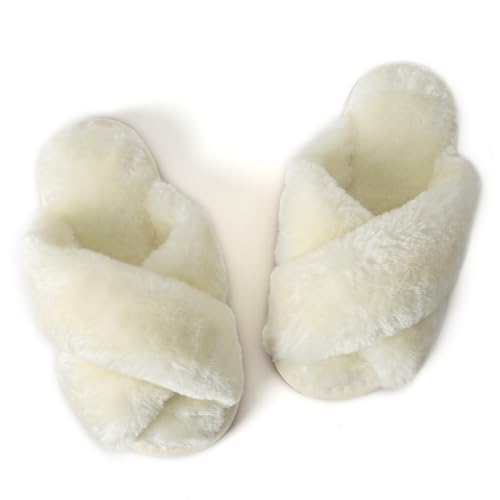 Csfry Girls Fluffy Soft Plush Cross Band Kids Slippers White US9-10