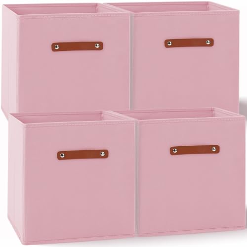 Amazing Tour 4 PCS Cube Storage Boxes 27x27x27 Pink,Foldable Fabric with Handles Collapsible for Home Office Nursery Organiser - Clothes Basket Containers