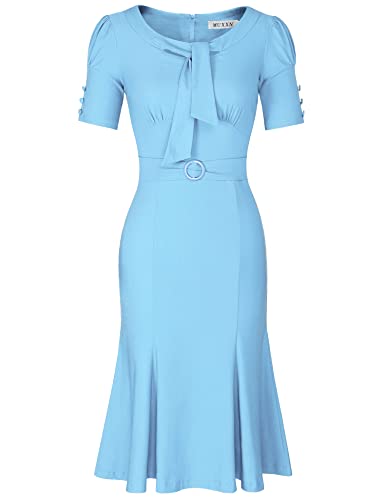 Image of MUXXN Women's Vintage 1950s Midi Crew Neck Short Sleeve Party Cocktail Work Casual Bodycon Dress