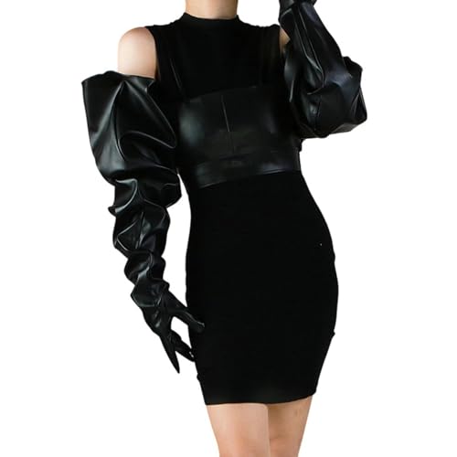 ユニセックスフェイクレザーグローブ85cmの長さドラマチックスリーブデザインイブニングガラアクセサリー特大デザインの光沢のあるイブニンググローブ