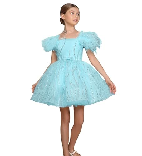 Short Mini Sequin Flower Girls Dresses Feather Birthday Party Princess Pageant Gowns