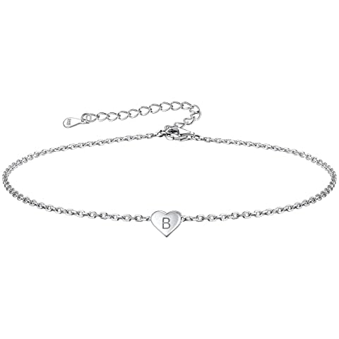 FOCALOOK Womens Heart Anklet with Letter B Pure Silver Initial Ankle Bracelet Fine Sterling Silver Jewelry Resizable Alphabet Accessories Girlfriends Gift for Birthday Cover