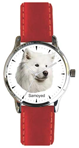Samoyed Dog Breed is The Headshot Image On The Polished Chrome Watch with Leather Strap and Donation to ASPCA, クロム, クォーツムーブメント。