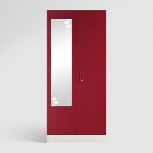 Image of Interio by Godrej Almirah Slimline 2-Door Steel Almirah, Cupboard for Clothes (Textured Caremine Red), 1-Year Warranty, 4 Shelves, 1 Drawer, 1 Locker, Star Design Mirror