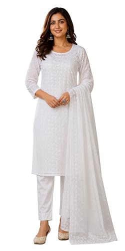 Costume Salwar Kameez brodé Lucknowi en rayonne blanche avec dupatta