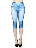 Shownicer Damen 3/4 Leggings Capri Jeggings Jeansoptik Sporthose Große Größen Yogahose Stretch Skinny Sportleggings Tights Lange Fitnesshose Shorts F Hellblau L