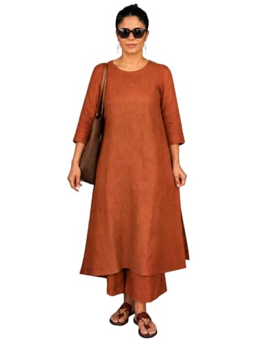 Image of ANNI Designer Co Ord Set for Women Cotton Blend Solid | Kurta Palazzo Set for Woman | Coord Set Women Stylish Outfit | Round Neck 3 /4 Sleeve Regular Fit Ethnic Dress Trendy Womens Clothing