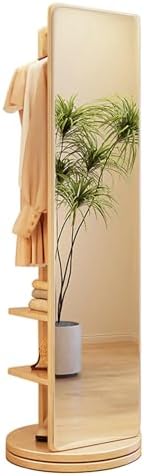 Wood Full Length Mirror with Coat Rack, Freestanding Floor Mirror with 360° Rotating Base and Hooks, Full Body Mirrors for Living Room Bedroom Apartment (Original Wooden Colour)