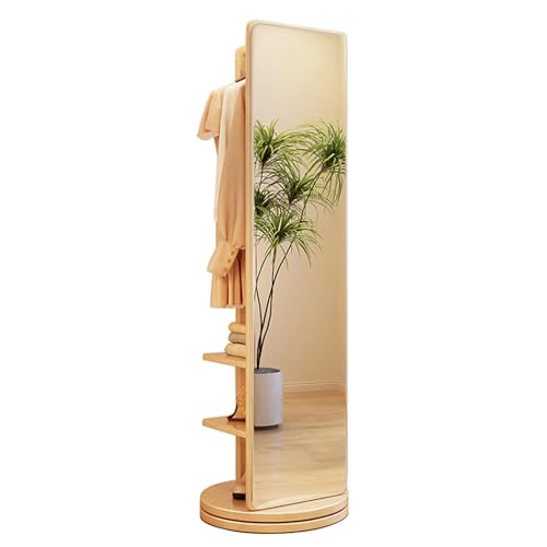 Wood Full Length Mirror with Coat Rack, Freestanding Floor Mirror with 360° Rotating Base and Hooks, Full Body Mirrors for Living Room Bedroom Apartment (Original Wooden Colour)