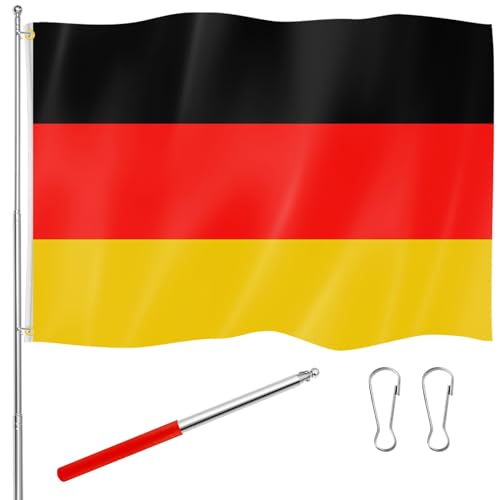 Panelee 150 x 90 cm Deutschland Flagge mit Teleskop Fahnenmast Seil zum Aufhängen und 2 Schnallen Deutschlandfahne mit Roter Edelstahl Fahnenstange für Drinnen Draußen Garten Balkon Deko Zubehör