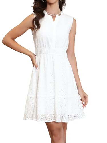 Allegra K Vestido de Verano para Mujer sin Mangas Cuello en V Ojales Corte A Minivestidos Blanco M