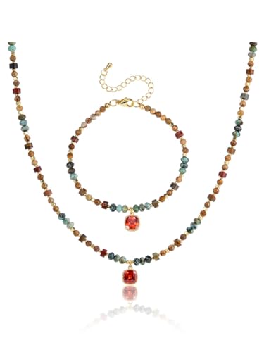 Jovivi Bijoux Bracelet et Collier Pierre Peinte et Turquoise Afrique Pierre Naturelle avec Pendentif de Ziron Rouge Parure de Bijoux Porte Bonheur Cadeau Femme...