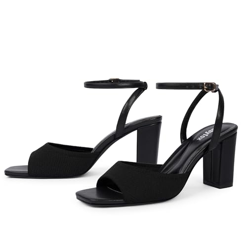 Image of Easyfox Open Toe Chunky Heel Sandals for Women Ankle Strap 3 Inch High Heels Dress Wedding Block Shoes