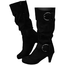 Women's Knee High Low Hidden Wedge Boots Suede Faux Fur Lining Side Zipper Knee High Buckle Boots