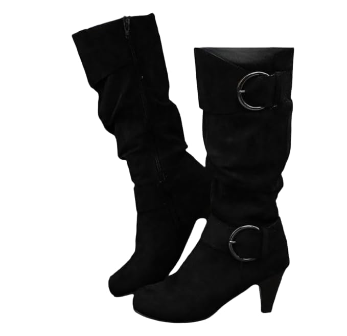 Womens Knee High Low Hidden Wedge Boots Suede Faux Fur Lining Side Zipper Knee High Buckle Boots