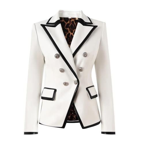 Generic Women Notched Black Contrast Color White Pu Leather Patchwork Jackets Leopard Print Blazers2