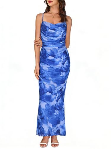 COCCKO Women's Floral Mesh Midi Dress, Spring 2026 Spaghetti Strap Ruched Bodycon Sundress for Wedding Guest & Tea Party Blue — view 3