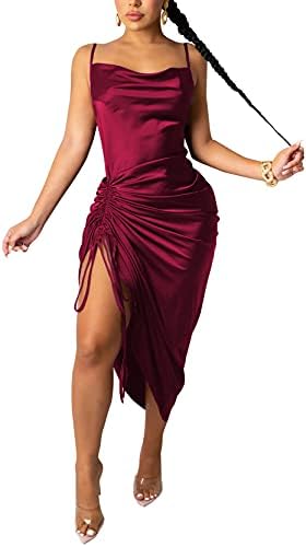 Acatmew Women's Satin Spaghetti Straps Ruched Side Slit Cocktail Party Midi Dresses