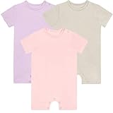 GUISBY Baby Short Sleeve Bodysuit Snap Crotch Closure Cotton Pajamas for Baby 3-Packs Light Pink+Pink+Apricot Grey 0-3 Months