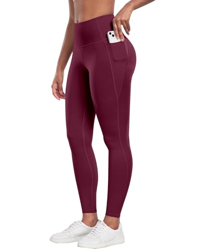 CHRLEISURE Leggings with Pockets for Women - Tummy Control High Waisted Soft Workout Yoga PantsWine L