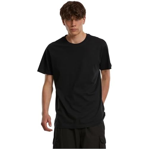 Build Your Brand Herren T-Shirt Round Neck, Männer Basic T-Shirt mit Rundhalsausschnit, Regular Fit, Baumwolle, Black, L