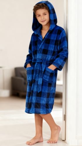 Image of Boys Girls Bathrobes,Toddler Boy Girl Robes,Children's Plush Soft Coral Fleece Hooded Pajamas Sleepwear for Kids