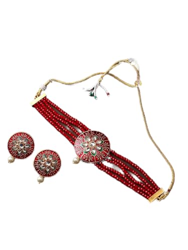 Juego de joyas DMZ-2242 chapado en oro con cuentas rojas Kundan en latón talla S
