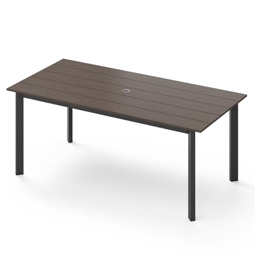 Image of 67 inch Rectangle HDPS Patio Dining Table, Aluminum Outdoor Patio Dining Table with Umbrella Hole, Weather-Resistant for Lawn, Garden, Yard, Poolside and Indoor Use (Gray & Teak)