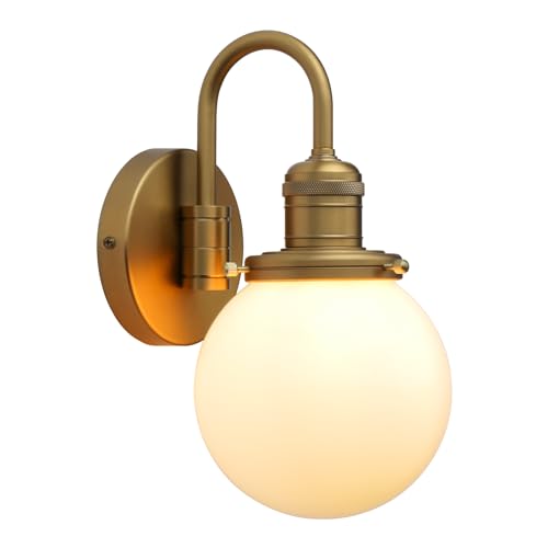 Yosoan Brass Boho Wall Sconce with Milk Round Glass, 1-Light Indoor Hardwired Vanity Modern Luxury Vintage with Globe Shade Retro Curved Rod Fixture for Bathroom Bedside Kitchen(Antique)