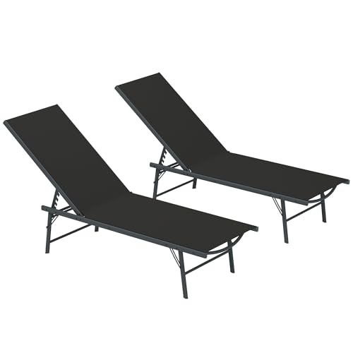 Outsunny Lot de 2 Bain de Soleil, Chaise Longue Pliante en textilène, transat Jardin extérieur inclinable de Plage, Relax, Camping, Piscine, terrasse, 54 x 164 x 84 cm, Noir