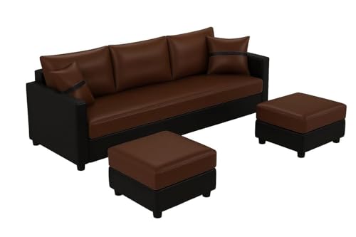 Image of FURNY Opalz Premium 3 Seater Leatherette Sofa Set with 2 Ottomans for Living Room-Modern Fabric Sofa for Living Room | in Dual Brown Color in Leatherette | Durable Comfort | Modern