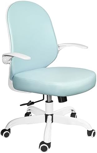 Ollega Desk Chairs with Wheels, Small Blue Office Chair, Ergonomic PU Leather Small Computer Chair with Flip up Armrest, Mid-Back Task Chair Support 300LBS Capacity