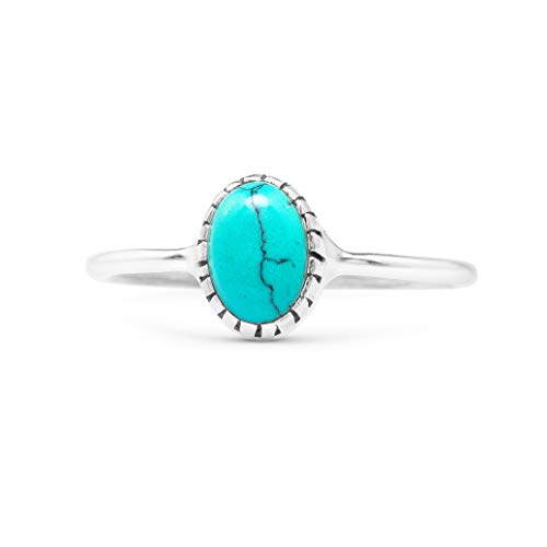 Synthetic Turquoise Oval Stone Delicate Ring 925 Sterling Silver Vintage Tribal Gipsy Boho Look US Size 6 7 8 9 (5) (6)