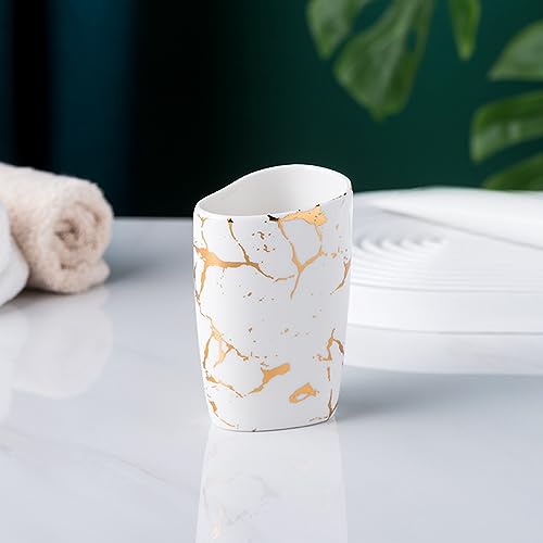 Zielony 5-częściowy zestaw dozowników mydła łazienkowego – ceramiczny dozownik mydła mydelniczka 2 kubki na szczoteczki do zębów i uchwyt elegancki złoty marmurowy wzór stylowa dekoracja domu