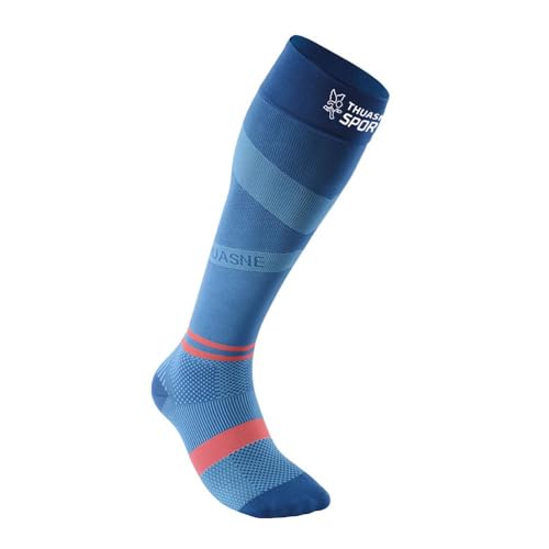 Thuasne - Chaussettes Hautes de Compression Running Sport UP ACTIV - Compression Dégressive de la Cheville vers le Mollet - Fabriquées en France - Bleu glacier/Perle/Corail, 35-38, S, Normal (<44cm)