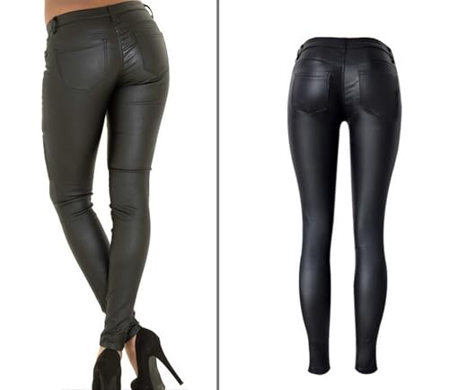 Black Pants PU Leather Coated Denim Pants for Women Sexy Tight Stretchy Rider Leggings2