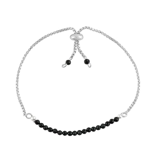 Natural Black Spinel Gemstone Round Beads Bolo Bracelet, Chakra Healing Crystals, Silver Plated, Adjustable Slider, Birthday, Wedding, Handmade, 6-9 inch, Valentine Day Gift (Black Spinel)