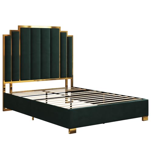 AMERLIFE Queen Size Upholstered Bed, Modern Velvet Bed Frame with 61.4&rdquo; Tall Gold Trim Headboard, No Box Spring Needed, Green