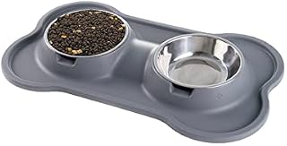 YOKA Newest Dog Bowls, Cat Bowl - Non Slip Stainless Steel Double Bowls with Non-Spill Silicone Mats Tray with Groove for Cats Dogs Puppies Food Water Feeding (M 14oz /400ml Each Bowl, Gray)